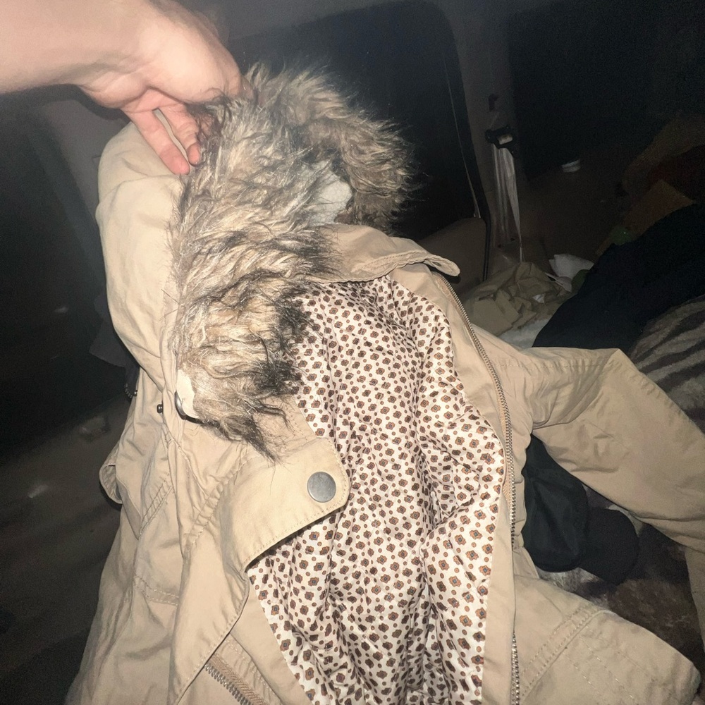 LA Hearts Women's Tan Hooded Jacket with Faux Fur Trim
